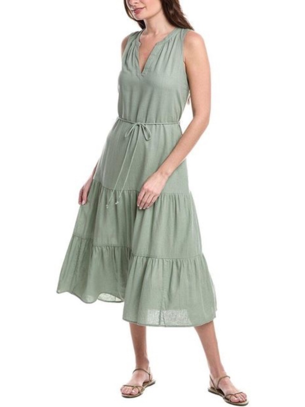 Tommy Bahama Palm Shores Tiered Sleeveless Dress Sage Green Linen Blend Size S